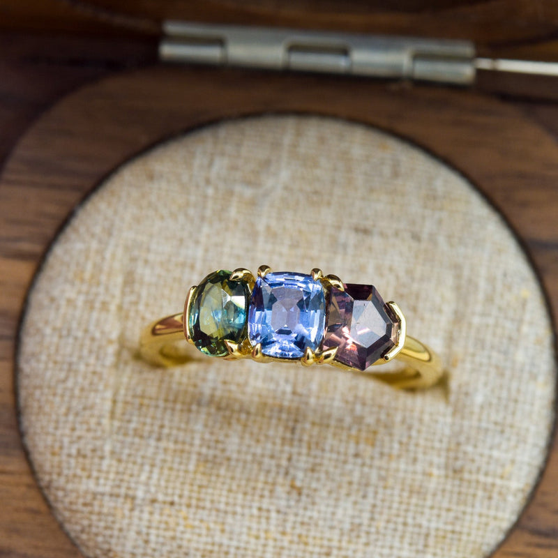 The Aura Ring | A triple gemstone ring with mixed prong and half bezel settings