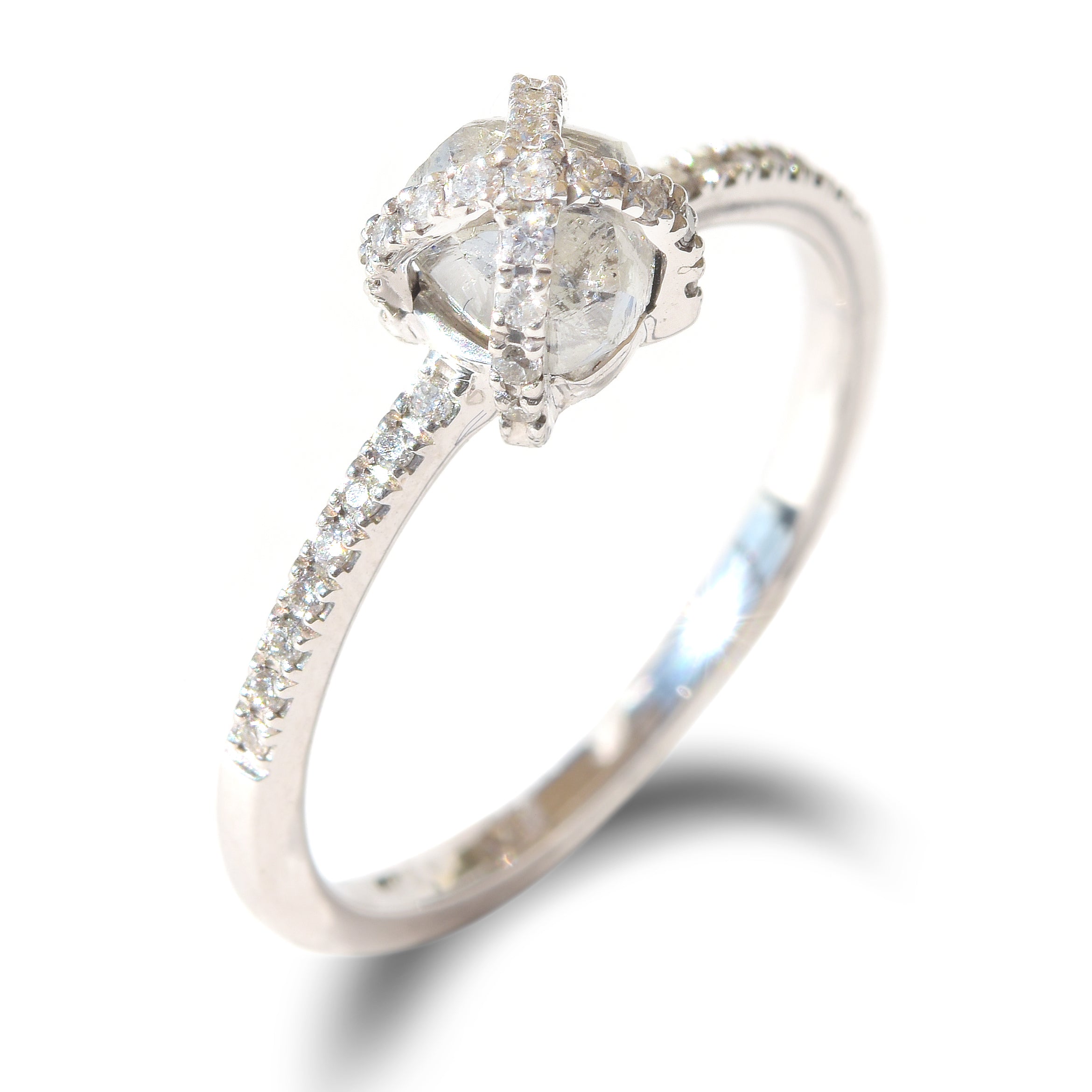 Magen Ring - A criss-cross or basket style rough diamond engagement ring