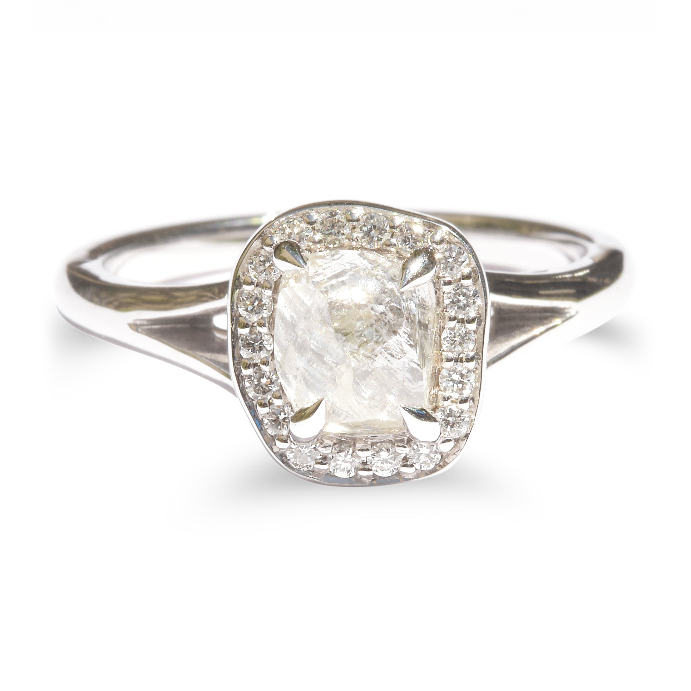 The Hila Ring - a raw diamond halo engagement ring